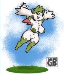 areola big_areola flying fur green_body green_eyes green_fur green_hair hair hi_res legendary_pokemon makeup nintendo pokémon_(species) pokemon pokemon_(species) shaymin short short_stack shortstack sky_forme_shaymin smile terryeternity video_games white_body white_fur