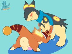 ampharos bodily_fluids cum cum_in_mouth cum_inside fire genital_fluids hi_res male male/male nintendo oral oral_penetration penetration pokemon pokemon_(species) syngie_(artist) typhlosion video_games