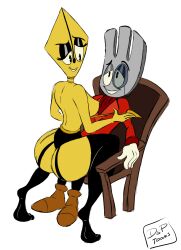 big_ass big_breasts big_butt big_hips bottom_heavy bottomless breasts chair chair_position cuphead_(game) domination dominatrix dsptoons fork fountain_pen lingerie miss_parker silverworth sitting_on_chair sitting_on_person