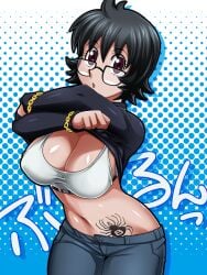 big_breasts black_hair bra female glasses hoimin hunter_x_hunter shizuku_murasaki solo tagme tattoo undressing