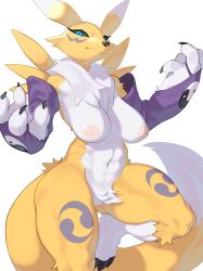 1girls 4_fingers areolae armwear black_sclera blue_eyes breasts digimon digimon_(species) digimon_tamers female female_only fur furry hi_res kame_3 looking_at_viewer nipples renamon solo solo_female thick_thighs unamused white_background yin_yang