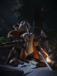 3:4 3d_(artwork) 4_fingers acorn ano_delta anthro blue_eyes bolts breasts claws crossbow digital_media_(artwork) dota dota_2 female fingers food forest fruit fur hi_res holding_object holding_weapon hoodwink_(dota) kneeling looking_at_viewer mammal night nude nut_(fruit) object_between_breasts object_in_mouth outside plant ranged_weapon red_body red_fur rock rodent sciurid solo tail_tuft teeth tree tree_squirrel tuft video_games weapon white_body wood