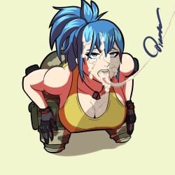 blue_hair bukkake cleavage cum erect_nipples facial female female_focus female_only ikari_warriors king_of_fighters leona_heidern mrprrrah nipple_bulge snk squatting straight tagme