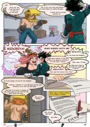 1girls 2boys background breasts cleavage comic contract dako09 dialogue doujinshi english_text female funny funny_background goggles goggles_on_head green_hair happy hero_outfit_(mha) izuku_midoriya large_breasts lazer_eyes male mei_hatsume mini-jiro my_hero_academia page_3 page_number pink_hair power_loader shirtless shounen_jump shouting tank_top tricked unaware worried