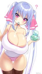 1girls ? bare_shoulders black_legwear blue_hair breasts camisole cleavage collarbone contrapposto curvy female female_only food highleg highleg_panties highres huge_breasts ice_cream long_hair looking_at_viewer original panties purple_eyes riko_(shuz) shirt shuz_(dodidu) simple_background skindentation solo spoon strap_gap strap_slip striped striped_panties thigh_gap thighhighs twintails twitter_username underwear utensil_in_mouth very_long_hair white_shirt wide_hips