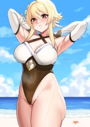 1girls 2022 absurd_res armpit_fetish armpits arms_behind_head arms_up beach blonde_hair blush breasts cleavage detached_sleeves female female_only genshin_impact gold_eyes hips kirinkirin large_breasts lumine_(genshin_impact) one-piece_swimsuit outdoors slim_waist swimsuit thick_thighs thighs white_swimsuit wide_hips