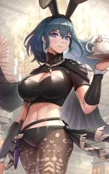 1girls alternate_costume backlighting bikini bikini_bottom black_bikini black_cape blue_eyes blue_hair breasts brown_legwear byleth_(fire_emblem) byleth_(fire_emblem)_(female) candle cape chandelier cleavage clothed clothing commentary_request cowboy_shot crop_top cup dagger expressionless female fire_emblem fire_emblem:_three_houses floating_hair gonzarez gonzarez1938 highres holding holding_cup indoors large_breasts leggings long_hair looking_at_viewer medium_hair navel nintendo pantyhose pink_lips sheath sheathed short_sleeves shorts solo stomach swimsuit teal_hair teapot thighs vambraces weapon