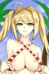 1girls absurdres ahoge ass bikini bikini_pull blonde_hair blush bracelet breasts breasts_out criss-cross_halter earrings fate/grand_order fate_(series) female green_eyes hair_intakes halterneck highres long_hair looking_at_viewer nero_claudius_(fate) nero_claudius_(swimsuit_caster) nipples outdoors shinoillust smile solo striped striped_bikini swimsuit twintails