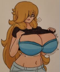 big_breasts black_shirt blonde_hair blue_bra bra flashing_breasts glasses jumneyarts midriff rosajon