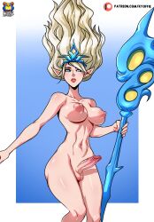 1futa areolae balls big_breasts breasts elf erection floating flowing_hair futa_only futanari humanoid janna_windforce kyoffie large_breasts league_of_legends light-skinned_futanari light_skin long_ears midriff nipples pale_skin penis small_balls solo staff standing thick_thighs trident weapon