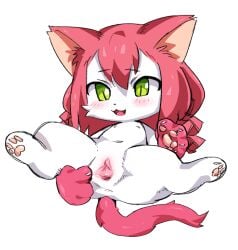 :3 anus blush cat_busters domestic_cat felid feline felis female flat_chested fur furry furry_only genitals green_eyes hair kirichiiii lying mammal neko_hakase nude on_back pawpads paws pink_hair pussy semi-anthro solo spread_legs spreading tail tongue