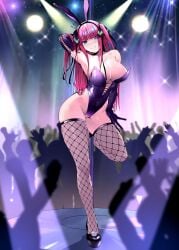 animal_ears audience bangs blue_eyes blush breasts dancing fake_animal_ears female fishnet_thighhighs fishnets go-toubun_no_hanayome hair_between_eyes hair_ribbon high_heels highres kosmos_beta large_breasts leotard nakano_nino nightclub oversized_breast_cup playboy_bunny pole pole_dancing rabbit_ears ribbon stage stage_lights strapless strapless_leotard stripper_pole thighhighs