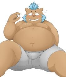 2022 anthro belly big_belly blue_hair bodily_fluids bulge clothing cum cum_on_hand genital_fluids gouryou gumpang0 hair hi_res kemono lifewonders male male_only mammal moobs nipples overweight overweight_male simple_background sitting solo suid suina sus_(pig) tokyo_afterschool_summoners underwear video_games white_background wild_boar