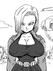 1girls android_18 belt busty cleavage dragon_ball dragon_ball_super dragon_ball_z earrings female female_only fully_clothed jewelry large_breasts monochrome nipple_bulge nipples_visible_through_clothing rickert_kai short_hair shounen_jump slim_waist smile solo solo_female