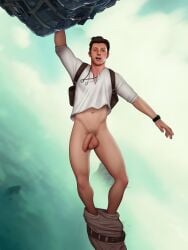 1boy actor balls bottomless brown_eyes brown_hair celebrity drawnpr0n foreskin in_character long_foreskin looking_at_viewer male male_only nathan_drake pants_down penis solo tom_holland uncharted uncharted_(2022) uncut