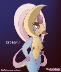 absurd_res anthro areola breasts conditional_dnp cresselia female genitals hi_res legendary_pokémon nintendo nude pink_areola pokémon_(species) pokemon pussy sattytsukumo solo text video_games