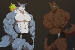 2022 abs anatake anthro anubian_jackal barazoku biceps big_bulge big_muscles brown_background bulge canid canine canis claws clothing crossed_arms dog domestic_dog duo fur gay genital_outline hi_res huge_bulge huge_muscles jackal league_of_legends looking_at_viewer male male_only mammal muscular muscular_anthro muscular_male nasus navel nipples obliques pecs penis_outline quads riot_games scar simple_background smile smooth_skin standing teeth thick_thighs tuft underwear video_games warwick wolf