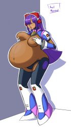 1girls axel-rosered beauty_mark belly big_belly blush breasts capcom closed_eyes dark-skinned_female dark_skin female female_focus female_only grabbing_breasts layer mega_man mega_man_x panties pregnant purple_hair solo_female