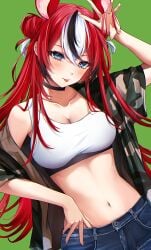 blue_eyes chizuimo hakos_baelz hand_in_hair holocouncil hololive hololive_english hololive_english_-council- hololive_english_-promise- jeans red_hair stomach tagme tongue_out virtual_youtuber white_topwear