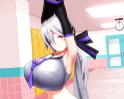 3d animated armpits arms_up ass ass_shake bouncing_breasts cleavage crop_top curvy dekapaiyukari detached_sleeves facominn gigantic_breasts indoors long_hair midriff mikumikudance navel necktie no_sound pants ponytail red_eyes short_playtime silver_hair underboob video vocaloid yowane_haku