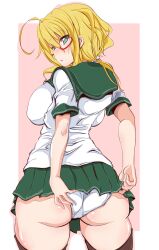 ahoge alternate_costume alternate_eye_color arms_behind_back ass blonde_hair blush breasts cosplay female glasses green_eyes green_skirt highres huge_ass i-8_(kantai_collection) kanbayashi_chiko kantai_collection kisaragi_(kantai_collection) kisaragi_(kantai_collection)_(cosplay) large_breasts looking_at_viewer looking_back low_twintails miniskirt panties pleated_skirt red-framed_eyewear sailor_collar school_uniform semi-rimless_eyewear serafuku short_sleeves skirt solo thighhighs twintails under-rim_eyewear underwear white_panties