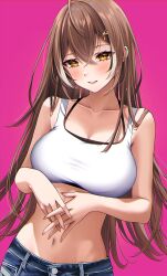 blush bra_strap brown_hair chizuimo holocouncil hololive hololive_english hololive_english_-council- hololive_english_-promise- jeans nanashi_mumei smiling_at_viewer stomach tagme virtual_youtuber white_topwear