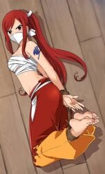 angry barefoot bondage erza_scarlet fairy_tail feet feet_together female_only foot_focus gag gagged hogtied lostonezero red_toenails rope rope_bondage toenail_polish