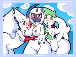 3girls absol absurd_res anthro anthrofied big_breasts blush bodily_fluids breasts digital_media_(artwork) embrace female female_only floppy_ears fluffy fluffy_tail fur furry furry_only genital_fluids genitals green_eyes green_hair group hair hand_on_shoulder hi_res hug legendary_pokemon looking_at_viewer lunaris_parukia navel nintendo nipples nude one_eye_closed open_mouth open_smile outside pokémon_(species) pokemon pokemon_(species) pokemorph pussy pussy_juice red_eyes shaymee_(lunaris_parukia) shaymin sky_forme_shaymin smile tail text url video_games white_body white_fur yami_(lunaris_parukia) zangoose zelia_(lunaris_parukia)