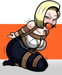 android_18 angry ball_gag blush bondage dragon_ball gag sweat zalder-sm