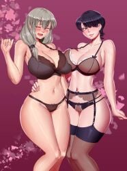 2girls asymmetrical_docking bare_arms bare_legs bare_shoulders bare_thighs big_breasts black_hair bra breast_to_breast breasts bust busty cameltoe closed_eyes closed_mouth crossover curvaceous curvy curvy_body curvy_female curvy_figure eyebrows_visible_through_hair female female_only garter_belt garter_straps grey_hair hourglass_figure huge_breasts komi-san_wa_komyushou_desu komi_shuuko legs_together legwear light-skinned_female light_skin lingerie long_hair mature mature_female mature_woman midriff milf mother multiple_females multiple_girls open_mouth open_smile oppai panties pashapencil purple_eyes shiny shiny_hair shiny_skin short_hair side_ponytail standing stockings take_your_pick uzaki-chan_wa_asobitai! uzaki_tsuki voluptuous wide_hips