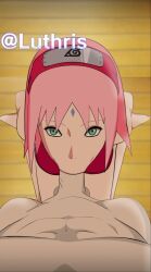 alternate_hairstyle bangs barefoot blowjob bottomless clothed_female_nude_male clothed_sex eye_contact fellatio female_focus from_above green_eyes kneeling knees_together_feet_apart long_hair looking_at_viewer looking_up luthris male_pov naruto naruto_(series) naruto_shippuden on_knees oral oral_sex penis penis_in_mouth pink_hair pov pov_eye_contact sakura_haruno sex shirt standing unseen_male_face viewed_from_above