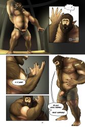 anthro awarebear bandage bottomwear claws clothed clothing comic confusion curtis_(awarebear) dialogue exclamation_point fur fur_pattern genitals hairy hand_on_head hands_on_belly hi_res humanoid humanoid_genitalia humanoid_penis humanoid_pointy_ears male male_only mammal muscular muscular_male penis poking_out sharp_claws sharp_teeth shorts solo species_transformation speech_bubble teeth topless torn_clothing transformation transformation_sequence ursid were wereursid