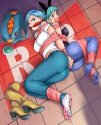 bondage bulma_(bunny) bulma_briefs cleave_gag dragon_ball dragon_ball_super duo feet foot_focus gag lostonezero milf tape_gag teenager