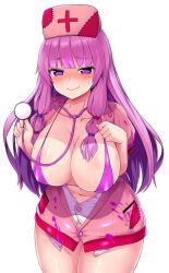 :> bangs bikini bikini_top_only blunt_bangs breasts cleavage closed_mouth collarbone cowboy_shot dress eyebrows_visible_through_hair female hand_on_own_chest hat highres holding legs_together long_hair looking_at_viewer navel nurse_cap open_clothes open_dress patchouli_knowledge pink_dress puffy_short_sleeves puffy_sleeves purple_bikini purple_eyes purple_hair raised_eyebrows shiny shiny_skin shiron_(e1na1e2lu2ne3ru3) short_sleeves simple_background solo standing stethoscope sweat swimsuit thighs touhou white_background