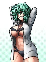 abs artist_signature arzergex bikini breasts eyebrows_visible_through_hair female female_focus female_only gradient_background green_eyes green_hair hands_behind_head looking_at_viewer messy_hair muscles muscular_female open_shirt original original_character scarlett_(aneuniv) short_hair smile solo teeth teeth_showing unbuttoned_shirt white_shirt