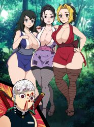 1boy 3girls big_breasts black_hair blonde_hair breast_squish breasts cleavage curvaceous curvy curvy_figure demon_slayer eye_contact female female_focus fishnet_legwear fishnet_thighhighs full_body furanh hand_on_hip harem hinatsuru_(kimetsu_no_yaiba) hourglass_figure huge_breasts husband_and_wives japanese_clothes kimetsu_no_yaiba kunoichi legwear long_hair looking_at_viewer makio_(kimetsu_no_yaiba) mole_under_eye multiple_girls nail_polish nosebleed obi pear_shaped pear_shaped_female pelvic_curtain ponytail red_nails sheer_legwear side_slit smile standing suma_(kimetsu_no_yaiba) tabi the_wives_(kimetsu_no_yaiba) thick_thighs thighhighs thighs two_tone_hair uzui_tengen voluptuous voluptuous_female wide_hips