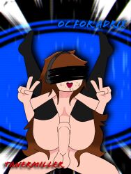 1boy 1girls adrix balls brown_hair double_penetration full_nelson headphones penis reverse_stand_and_carry_position reverse_suspended_congress sex shaded_eyes thighhighs vaginal_penetration youtube_hispanic youtuber