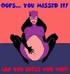 batman_(series) belly belly_button big_belly black_hair catwoman dc dc_comics erect_nipples female frostbyte hand_on_belly huge_belly navel nipple_bulge outie_navel same_size_vore selina_kyle vore