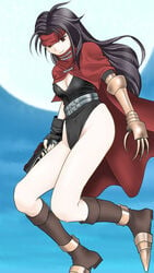 beige_skin belt black_hair boots breasts brown_eyes cameltoe cape cleavage color female female_only final_fantasy final_fantasy_vii fingerless_gloves footwear gloves gun hair headband human long_hair lowres moon okura okurapuchi red_eyes rule_63 solo turks vincent_valentine weapon