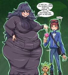 1boy1girl assthethick bbw big_belly big_breasts breasts calem_(pokemon) chespin fat hex_maniac plump pokemon pokemon_xy talking text text_bubble thighs