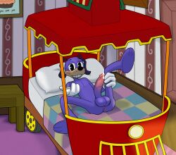 absurd_res anthro bed bodily_fluids canid canine clothing cum fireball_purplenerd food foreskin fur furniture genital_fluids genitals gloves handwear hi_res looking_at_viewer male mammal pastry penis pie purple_body purple_fur solo sonicinmind toontown_corporate_clash toontown_online trolley