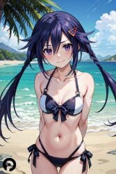 ai_generated arms_behind_back bare_shoulders beach bikini black_bikini blue_sky blush braid breasts closed_mouth cloud collarbone cowboy_shot day female hair_between_eyes hair_ornament hairclip kurome_ankokuboshi long_hair looking_at_viewer medium_breasts navel neptunia_(series) ocean outdoors pikkiwynn purple_eyes side-tie_bikini_bottom sky smile solo stomach swimsuit thigh_gap tree twin_braids twintails