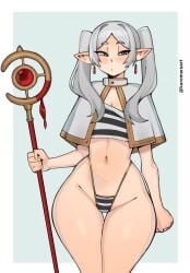 1girls earrings female female_only frieren green_eyes grey_hair kuromaruart solo sousou_no_frieren thigh_gap thong twintails