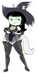 alternate_costume bayonetta bayonetta_(cosplay) bayonetta_2 black_hair buckteeth cloudcyanide cloudycyanide cosplay dog_ears dog_girl dog_tail earrings eyebrows_raised garter_belt glasses gloves homestuck jade_harley large_breasts looking_annoyed ms_paint_adventures see-through_clothing thighhigh_boots white_background white_skin wide_hips witch_costume witch_hat