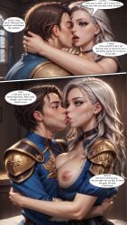 ai_generated apogeeblack ashe_(league_of_legends) blue_dress blue_eyes breast_press breasts choker cleavage comic eye_contact female french_kiss kissing large_breasts league_of_legends long_hair nipples nude tongue white_hair