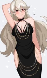 1girls absurdres alternate_costume arm_behind_head artist_name bare_shoulders black_dress breasts cleavage cleavage_cutout clothing_cutout corrin_(female)_(fire_emblem) corrin_(fire_emblem) corrin_(fire_emblem)_(female) dress female female_only fire_emblem fire_emblem_fates grey_hair halterneck highres hip_vent kgctcg looking_at_viewer medium_breasts meme_attire modakawa_dress nintendo pointy_ears red_eyes smile solo thighs