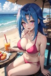 ai_(artist) ai_generated bikini blue_hair female hi_res huge_breasts kamishiro_rio long_hair looking_at_viewer navel red_eyes rio_kamishiro smile solo summer thick_legs yu-gi-oh! yu-gi-oh!_zexal