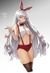 adapted_costume bare_arms bare_shoulders black_thighhighs bow bowtie breasts cigarette commentary cowboy_shot crop_top cropped_legs female fujiwara_no_mokou gradient_background grey_background hairband hairbow hand_on_own_hip highres holding holding_cigarette houtengeki long_hair looking_at_viewer medium_breasts midriff navel parted_lips red_bow red_bowtie red_eyes red_hairband red_shorts shirt short_shorts shorts silver_hair sleeveless sleeveless_shirt smoke solo standing stomach suspenders thighhighs touhou very_long_hair white_background white_bow white_shirt wing_collar wrist_cuffs