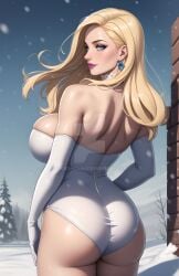 ai_generated ass ass_focus babeshaven big_ass blonde_hair blue_eyes breasts bubble_butt busty curvy curvy_figure dat_ass earrings emma_frost female female_only hourglass_figure large_breasts leotard marvel marvel_comics sideboob snow watermark white_queen x-men