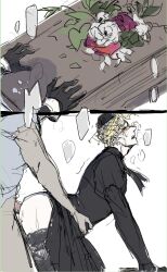 2boys adsword anal_sex arched_back black_dress clothed_sex clothing_lift coffin crossdressing crossdressing_male crying crying_with_eyes_closed diamond_is_unbreakable dress_lift femboy funeral funeral_dress gay_sex jojo's_bizarre_adventure lace-trimmed_thighhighs male/male male_only sex sex_from_behind standing_sex stockings submissive_male thigh_high_stockings thigh_highs yoshikage_kira